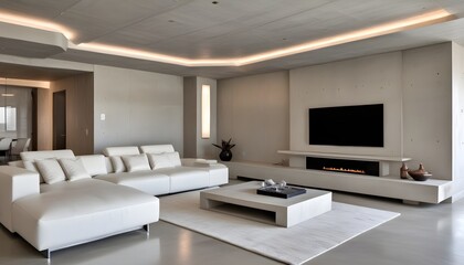 High end modern living room with white leather couch and a large flat screen tv mounted on the wall, brutalist architecture mixed with modern futuristic minimal design