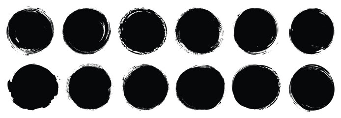 Set of black grunge circles shapes on a white background. Paint brush stamp collection. Vector brush circle. Grunge round shape.