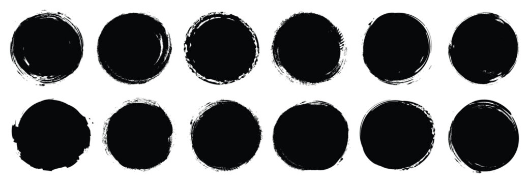 Set of black grunge circles shapes on a white background. Paint brush stamp collection. Vector brush circle. Grunge round shape.