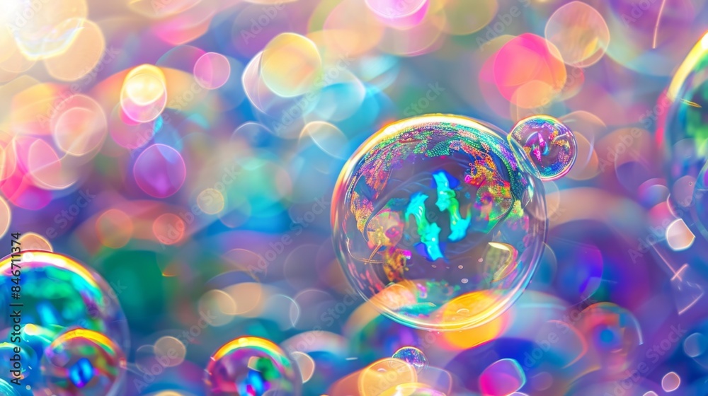 Poster close-up of soap bubbles reflecting the vibrant colors of a rainbow, creating a magical and dreamy a