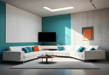 High end modern living room with white leather couch and a large flat screen tv mounted on the wall, brutalist architecture mixed with modern futuristic minimal design