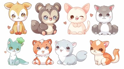 many vectors of cute kawaii baby animals, white background 