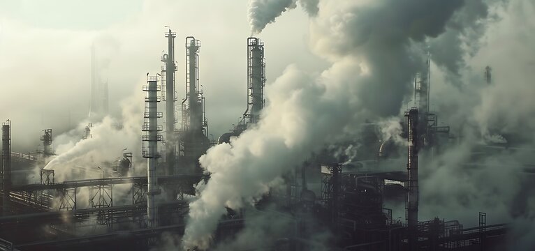 Witness the ominous presence of industrialization with a photograph bearing a massive fossil fuel industrial facility, surrounded by thick, ominous smoke that.