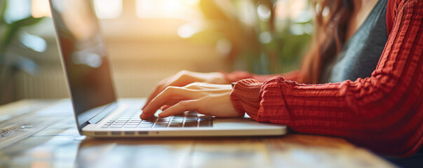 A woman is typing on a laptop with her hand on the keyboard. She is wearing a red sweater and is sitting at a table. Concept of productivity and focus as the woman works on her laptop