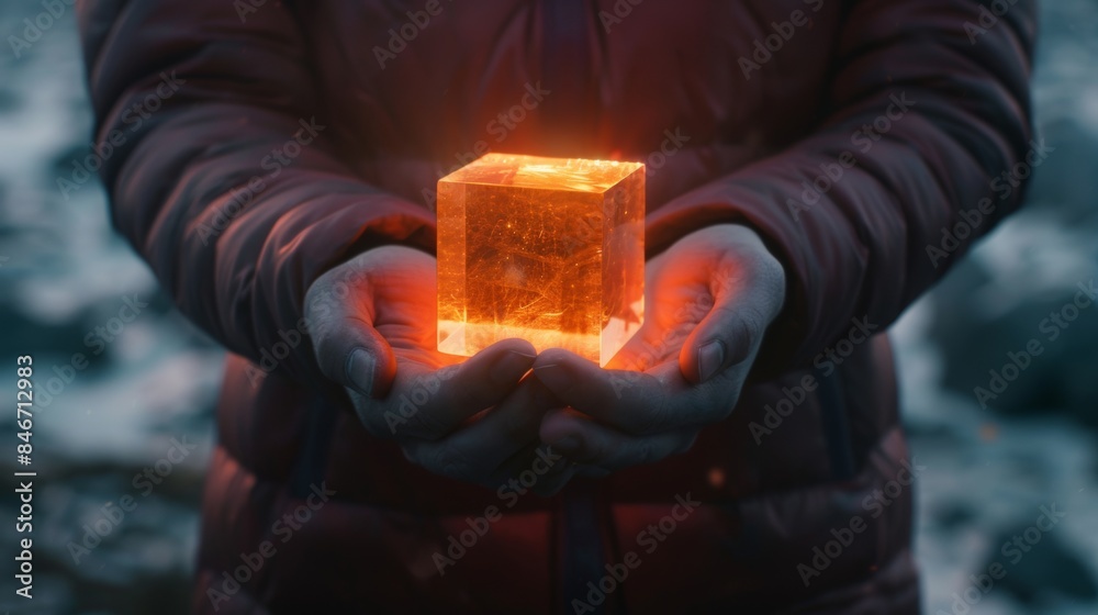 Canvas Prints A person holding a small cube of ice in their hands, AI