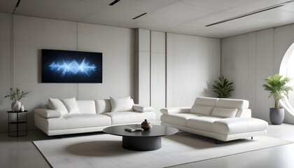 High end modern living room with white leather couch and a large flat screen tv mounted on the wall, brutalist architecture mixed with modern futuristic minimal design