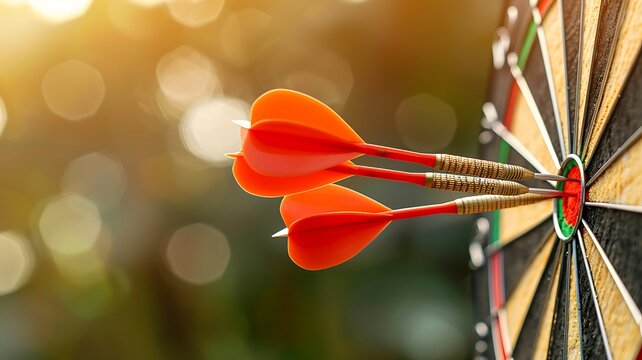 a powerful image of darts striking the bullseye, symbolizing the accuracy and determination of goal setting and success meditation, with a dynamic and energetic composition