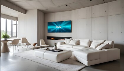 High end modern living room with white leather couch and a large flat screen tv mounted on the wall, brutalist architecture mixed with modern futuristic minimal design