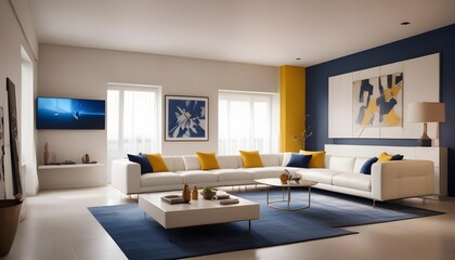 High end modern living room with white leather couch and a large flat screen tv mounted on the wall, brutalist architecture mixed with modern futuristic minimal design