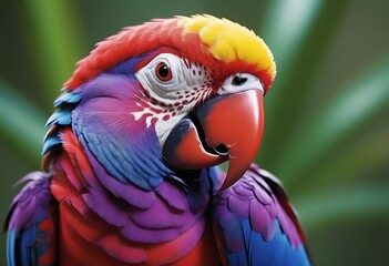 Fototapeta premium Create a professional, 4K Ultra HD image of a vibrant, multicolored parrot with a detailed red beak against a soft-focus purple background, embodying the essence of tropical wildlife.