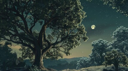 Moonlit Scene with Large Trees and Clear Sky