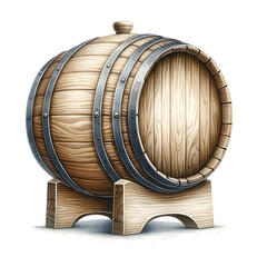 An illustration for Beer day, rendered in watercolor style, Beer barrel aging clipart in a wooden barrel. 