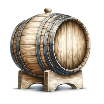 recommend clip art: An illustration for Beer day, rendered in watercolor style, Beer barrel aging clipart in a wooden barrel. 