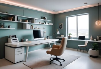 Fototapeta premium minimalist interior design style futuristic home office sleek furniture state of the art technology