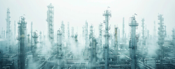 Obraz premium A city skyline with many tall buildings and a foggy atmosphere. The buildings are mostly made of metal and are very tall