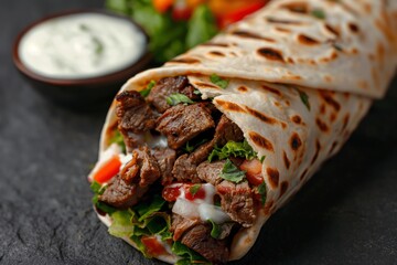 Appetizing beef shawarma wrap with vibrant vegetables and a creamy topping