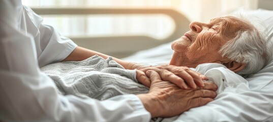 Obraz premium Nurse comforting elderly patient in serene hospital room, providing support during difficult time