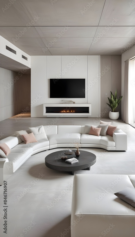 Wall mural high end modern living room with white leather couch and a large flat screen tv mounted on the wall,