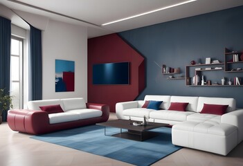 High end modern living room with white leather couch and a large flat screen tv mounted on the wall, brutalist architecture mixed with modern futuristic minimal design