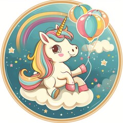 A unicorn is sitting on a cloud with a red balloon