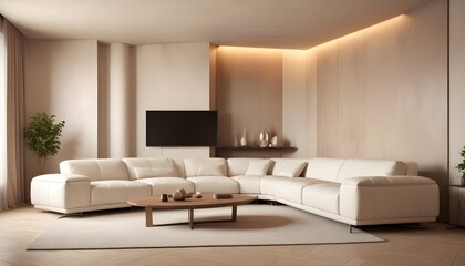 High end modern living room with white leather couch and a large flat screen tv mounted on the wall, brutalist architecture mixed with modern futuristic minimal design