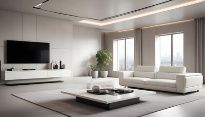 Fototapeta premium High end modern living room with white leather couch and a large flat screen tv mounted on the wall, brutalist architecture mixed with modern futuristic minimal design