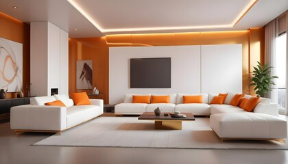 Fototapeta premium High end modern living room with white leather couch and a large flat screen tv mounted on the wall, brutalist architecture mixed with modern futuristic minimal design