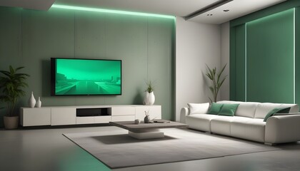 High end modern living room with white leather couch and a large flat screen tv mounted on the wall, brutalist architecture mixed with modern futuristic minimal design