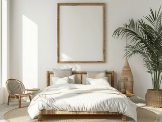 Empty Blank Poster Frame on Wall in Coastal Themed Bedroom with White and Beige Decor, Boho Rustic Furniture and Aesthetic Clean Interior Design