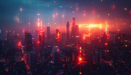 Obraz premium Predictive Analytics Landscape, A futuristic cityscape overlaid with predictive analytics graphs and charts, 