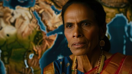 Obraz premium Portrait of Elderly Indian Woman in Traditional Saree with World Map Background - Cultural and Global Perspective 