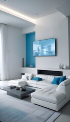 High end modern living room with white leather couch and a large flat screen tv mounted on the wall, brutalist architecture mixed with modern futuristic minimal design