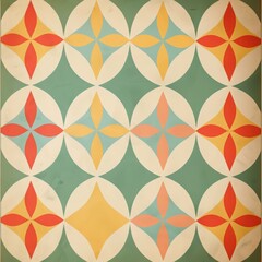 Pattern minimalist background. Vintage geometric pattern with colorful shapes in red, yellow, blue, and teal on a green background for retro wallpaper and fabric design, vintage design and print
