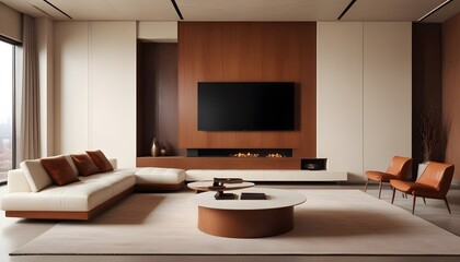 High end modern living room with white leather couch and a large flat screen tv mounted on the wall, brutalist architecture mixed with modern futuristic minimal design