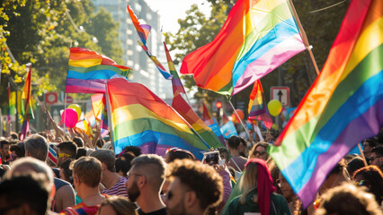 Colorful Pride Parade with Rainbow Flags

