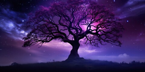 Obraz premium Purple sky in the night with many stars and magic fantasy tree on background scene