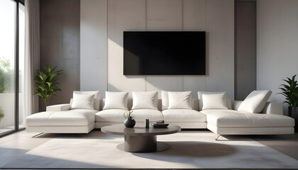 High end modern living room with white leather couch and a large flat screen tv mounted on the wall, brutalist architecture mixed with modern futuristic minimal design