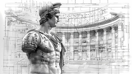 The sketch of a Roman legionnaire standing in front of the colosseum  in black pencil on white paper, wall art, background, wallpaper, vintage style 