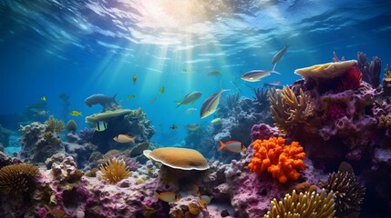 Obraz premium Beautiful underwater scenery with various types of fish and coral reefs Generative AI