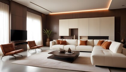 High end modern living room with white leather couch and a large flat screen tv mounted on the wall, brutalist architecture mixed with modern futuristic minimal design