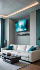 High end modern living room with white leather couch and a large flat screen tv mounted on the wall, brutalist architecture mixed with modern futuristic minimal design