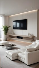 High end modern living room with white leather couch and a large flat screen tv mounted on the wall, brutalist architecture mixed with modern futuristic minimal design