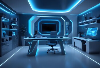 Fototapeta premium minimalist interior design style futuristic home office sleek furniture state of the art technology