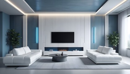 High end modern living room with white leather couch and a large flat screen tv mounted on the wall, brutalist architecture mixed with modern futuristic minimal design