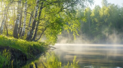 Obraz premium The forest lake in thick white morning fog. Emerald green grass close-up. Overcast weather. Atmospheric landscape. Eco tourism, environmental conservation