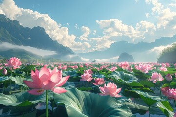 Lotus blooms all over the lake surface