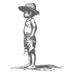 Fototapeta premium native australian tribe little boy full body with engraving style black color only