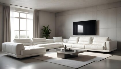High end modern living room with white leather couch and a large flat screen tv mounted on the wall, brutalist architecture mixed with modern futuristic minimal design
