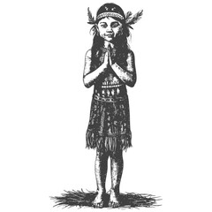 Fototapeta premium native australian tribe little girl full body with engraving style black color only