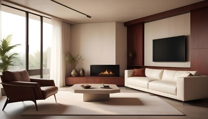 High end modern living room with white leather couch and a large flat screen tv mounted on the wall, brutalist architecture mixed with modern futuristic minimal design